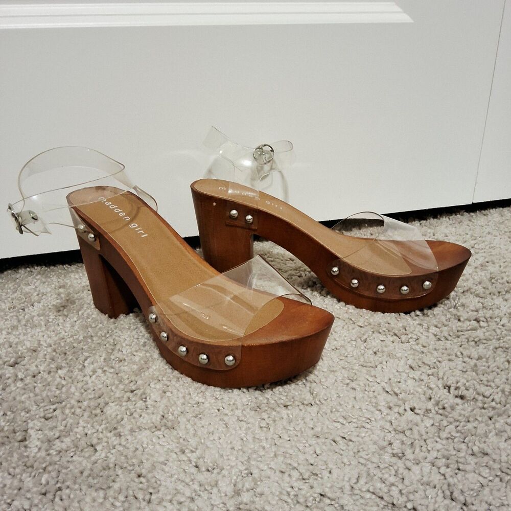 Madden Girl Lifft Sandals Clear Vinyl Straps Faux-Wood Block Heel Size 7.5